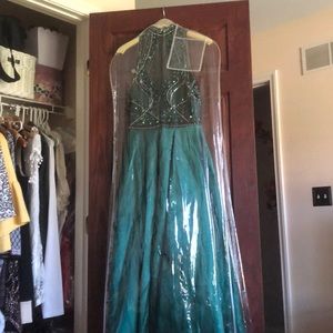 green sparkle prom dress halter neck